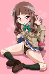 Rule 34 | 1girl, bare legs, blush, breasts, breath, brown eyes, brown hair, cameltoe, cellphone, clothes lift, covered erect nipples, digimon, digimon ghost game, full body, grin, heavy breathing, highleg, highleg panties, highres, holding, holding phone, lifting own clothes, long hair, looking at viewer, medium breasts, naughty face, nipples, nori (akusei shinseibutsu), panties, phone, pink background, school uniform, simple background, sitting, skirt, skirt lift, smartphone, smile, solo, standing, sweat, thong, tsukiyono ruli, underwear