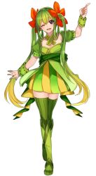 1girl ;d bellossom black_eyes blonde_hair breasts cleavage dress fingernails flower full_body gen_2_pokemon green_dress green_hair green_nails green_sash green_thighhighs hair_flower hair_ornament hair_rings katagiri_hachigou long_hair lower_teeth_only nail_polish nintendo one_eye_closed open_mouth personification pokemon puffy_short_sleeves puffy_sleeves red_flower sash short_sleeves simple_background small_breasts smile solo teeth thighhighs twintails twitter_username two-tone_dress very_long_hair white_background yellow_dress zettai_ryouiki