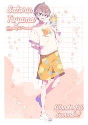 1boy ahoge alternate_costume arm_behind_head artist_name border bowl brown_hair carrot_print character_name cinnamon_stick commentary copyright_name english_text floral_print food food_print fruit full_body glasses grid_background hair_between_eyes happy highres holding holding_bowl holding_food holding_ice_cream ice_cream knees leg_up lemon lemon_slice lower_teeth_only male_focus open_mouth orange_(fruit) orange_background orange_shorts orange_slice outside_border precure red_eyes sandals seashell serizawa_serizane shell shirt short_hair short_sleeves shorts smile solo standing star_(symbol) starfish summer symbol-only_commentary t-shirt teeth toyama_satoru two-tone_background white_background white_border white_sandals white_shirt wonderful_precure!