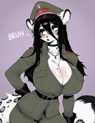 1girl animal_ear_fluff animal_ear_piercing animal_ears belt beret black_belt black_choker black_eyeshadow black_fur black_gloves black_hair black_lips blush body_fur breast_pocket breasts choker cleavage closed_mouth cowboy_shot cross cross_necklace denim ear_piercing english_text eyeshadow furry furry_female gloves goth_fashion green_hat green_jacket green_pants hair_between_eyes hand_on_own_hip hat heart heart_on_chest helicopterfood highres huge_breasts hyena_ears hyena_girl hyena_tail jacket jeans jewelry latin_cross long_hair long_sidelocks looking_to_the_side makeup military_uniform mole mole_under_eye multicolored_fur necklace nose_blush original pants partially_unbuttoned patreon_username piercing pocket purple_background sidelocks simple_background snout solo spotted_fur spotted_tail tail watermark web_address white_fur