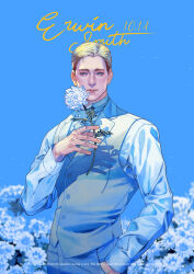 1boy arm_up blonde_hair blue_eyes blue_flower blue_sky buttons character_name closed_mouth collared_shirt commentary_request cowboy_shot dated english_text erwin_smith flower get highres holding holding_flower korean_commentary long_sleeves looking_at_viewer male_focus pants pigxhunter shingeki_no_kyojin shirt short_hair sky solo vest