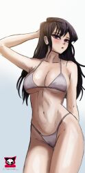 bare_hips bare_shoulders breasts hand_up highres komi-san_wa_komyushou_desu komi_shouko large_breasts long_hair looking_to_the_side open_mouth purple_eyes purple_hair sketch swimsuit themaker upper_body