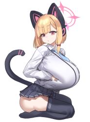 1girl absurdres alternate_breast_size animal_ear_headphones animal_ears black_skirt black_thighhighs blonde_hair blue_archive blue_necktie bow breasts cat_ear_headphones collared_shirt fake_animal_ears fake_tail full_body gya_rb hair_bow halo headphones highres huge_breasts long_sleeves looking_at_viewer looking_to_the_side momoi_(blue_archive) necktie pink_eyes pink_halo red_bow revision seiza shirt simple_background sitting skirt solo tail thighhighs white_background white_shirt