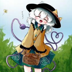 Rule 34 | 1girl, ^ ^, basket, black hat, bow, bug, butterfly, buttons, closed eyes, cloud, commentary request, day, diamond button, eyeball, floral print, frilled shirt collar, frilled sleeves, frills, green hair, green skirt, hat, hat bow, hat ribbon, heart, heart of string, heripantomorrow, holding, holding basket, insect, komeiji koishi, medium hair, open mouth, outdoors, picnic basket, ribbon, rose print, shirt, skirt, sleeves past wrists, smile, standing, third eye, touhou, translation request, wide sleeves, yellow bow, yellow butterfly, yellow ribbon, yellow shirt
