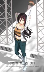 1girl black_hair boots commentary commission crop_top double-parted_bangs eiyuu_densetsu emilia_harling english_commentary english_text floating_hair hair_between_eyes highres jacket kai_no_kiseki kuro_no_kiseki_(series) lace-up_boots long_hair looking_at_viewer midriff multicolored_hair navel nyuusai open_clothes open_jacket pants purple_eyes smile solo streaked_hair stretching thigh_boots two-tone_hair white_boots white_jacket