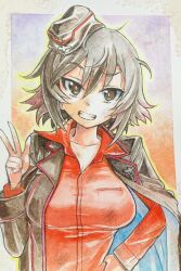 Rule 34 | 1girl, black jacket, border, breasts, brown hair, cleavage, commentary, garrison cap, girls und panzer, gradient background, grin, hand on own hip, hat, hida ema, highres, jacket, kuromorimine military uniform, large breasts, medium breasts, messy hair, nabeyu, outline, portrait, red shirt, shirt, short hair, smile, solo, upper body, v, white border