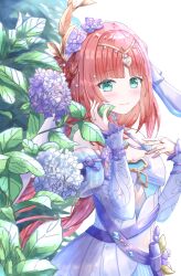 Rule 34 | 1girl, akaneuta chitose, aqua eyes, bare shoulders, blue dress, blue sleeves, blush, circlet, closed mouth, commentary request, detached sleeves, dress, flower, genshin impact, hair flower, hair ornament, hands up, highres, long hair, long sleeves, looking at viewer, nilou (breeze of sabaa) (genshin impact), nilou (genshin impact), official alternate costume, purple flower, purple ribbon, red hair, ribbon, sleeveless, sleeveless dress, smile, solo, very long hair