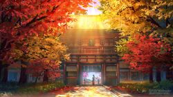 1girl architecture autumn autumn_leaves black_hair bush copyright_notice dappled_sunlight east_asian_architecture facing_away falling_leaves from_behind gate hakama japanese_clothes kimono leaf long_hair miko mountain official_art original outdoors pavement red_hakama scenery shrine smile_(qd4nsvik) solo standing sunlight tree white_kimono