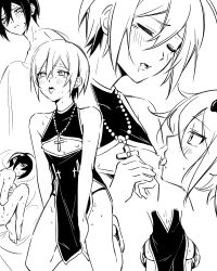 2boys ahoge bead_necklace beads blush china_dress chinese_clothes closed_eyes completely_nude cross cross_necklace danganronpa_(series) danganronpa_v3:_killing_harmony dress ewa_(seraphhuiyu) hair_between_eyes jewelry licking licking_nipple lying multiple_boys multiple_views necklace nipple_stimulation nude oma_kokichi on_side saihara_shuichi saliva short_hair yaoi
