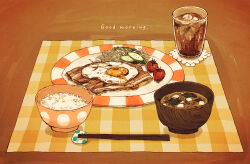 bowl cherry_tomato chopstick_rest chopsticks cucumber cup drink drinking_glass egg_(food) food food_focus fried_egg highres ice ice_cube matsuki_(mikipingpong) no_humans original plate rice rice_bowl soup tomato vegetable