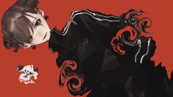 1girl absurdres blush brown_eyes brown_hair double_bun hair_bun hair_ornament hairclip highres jacket jersey looking_at_viewer mano_aaa mole mole_under_eye original red_background short_hair simple_background solo spiral swirl track_jacket track_suit