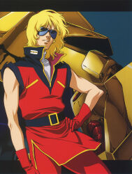 1980s_(style) 1990s_(style) 1boy belt blonde_hair cover dvd_cover gloves grin gundam hand_on_own_hip highres key_visual machinery mecha military_uniform mobile_suit mullet official_art oldschool onda_naoyuki promotional_art quattro_bajeena retro_artstyle robot scan smile sunglasses traditional_media vest zeta_gundam