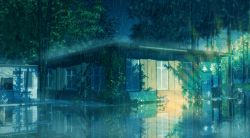 animated animated_gif arsenixc bench door house lowres no_humans overgrown puddle rain reflection scenery tree water window
