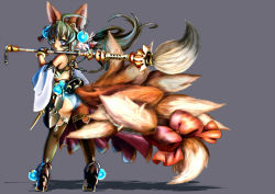 1girl animal_ears black_hair bow female_focus fox_ears fox_tail full_body hair_bow multiple_tails panties ponytail purple_eyes saltydanshark solo staff striped_clothes striped_panties tail underwear