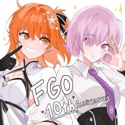 Rule 34 | 2girls, absurdres, ahoge, anniversary, blush, collared shirt, earrings, fate/grand order, fate (series), fujimaru ritsuka (female), fujimaru ritsuka (female) (fgo fes. 2025), gloves, haerisetome, hair ornament, hair ribbon, highres, jewelry, locked arms, looking at viewer, mash kyrielight, mash kyrielight (fgo fes. 2025), medium hair, multiple girls, necklace, necktie, open mouth, orange eyes, orange hair, purple eyes, purple hair, ribbon, shirt, short hair, simple background, smile, upper body, white background, white shirt