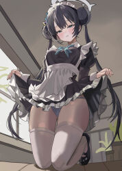 1girl absurdres alternate_costume apron black_dress black_hair black_shoes blue_archive blue_eyes blue_panties blush clothes_lift commentary double_bun dress from_below hair_bun hair_ornament highres kisaki_(blue_archive) kneeling long_hair looking_at_viewer maid maid_apron maid_headdress panties parted_lips shoes shogunx1x sidelocks skirt skirt_lift solo striped_clothes striped_panties thighhighs twintails underwear white_apron white_thighhighs