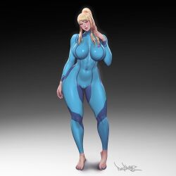 1girl barefoot blonde_hair blue_bodysuit blue_eyes blue_nails bodysuit breasts cameltoe covered_navel impossible_clothes large_breasts latex long_hair looking_at_viewer metroid nail_polish nintendo pinkdrawz samus_aran sidelocks solo thick_lips thick_thighs thighs toenail_polish toenails toes watermark web_address zero_suit