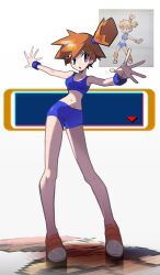 Rule 34 | 1girl, :o, bikini, blue bikini, blue eyes, blue hairband, breasts, full body, hairband, highres, long legs, medium breasts, medium hair, misty (pokemon), navel, nintendo, no socks, orange hair, outstretched arms, pixel art, pokemon, pokemon frlg, red (pokemon), red shoes, shakeeeeeeeee, shoes, shorts, side ponytail, solo, sports bikini, spread arms, standing, swimsuit, wristband