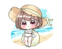 1girl artist_request beach blush breasts brown_hair casual_one-piece_swimsuit chibi closed_mouth day frilled_one-piece_swimsuit frills full_body harusaki_nodoka harusaki_nodoka_(holonatsu_paradise) hat highres hololive holonatsu_paradise innertube looking_at_viewer ocean official_alternate_costume one-piece_swimsuit outdoors red_eyes ribbon sandals short_hair solo standing straw_hat swim_ring swimsuit virtual_youtuber water white_one-piece_swimsuit