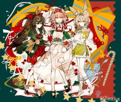 3girls :d absurdres animal_ear_request animal_ears arknights black_shoes blonde_hair bow braid brown_hair buqiyong candy candy_cane cat_ears cat_girl character_request dress food goldenglow_(arknights) goldenglow_(maiden_for_the_bright_night)_(arknights) green_eyes hair_bow hair_over_shoulder hairband high_heels highres kneehighs long_hair long_sleeves medium_hair multiple_girls open_mouth orange_dress orange_hairband ponytail red_dress red_hairband see-through_clothes see-through_dress shoes smile socks standing sweater white_dress white_socks white_sweater