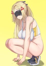 1girl black_shoes blonde_hair bottomless breasts eye_mask ginhaha hands_on_ground highres long_hair parted_lips ponytail shoes sneakers solo sports_bra squatting trigger_(zenless_zone_zero) white_sports_bra zenless_zone_zero