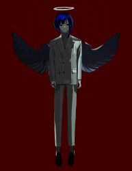 1boy black_shoes black_wings blue_hair chinese_commentary closed_mouth colored_skin commentary_request full_body grey_shirt grey_socks halo highres jacket jewelry male_focus mole mole_under_eye original pants red_background ring shirt shoes simple_background smile socks solo vihua6 white_jacket white_pants white_skin wings