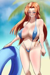 1girl bare_shoulders beach bleach blue_eyes blue_sky blurry blurry_background blush breasts collarbone d-p_(artist) female_focus large_breasts long_hair matsumoto_rangiku orange_hair palm_leaf palm_tree parted_bangs sky slingshot_swimsuit standing swim_ring swimsuit tree