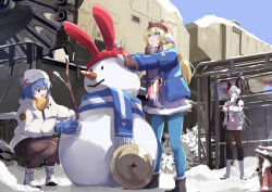 1girl 3girls absurdres akitsugu_akiyama alternate_costume animal_ears black_boots black_pantyhose blonde_hair blue_eyes blue_gloves blue_hair blue_jacket blue_pants blue_scarf blue_sky boots brown_hat brown_scarf closed_mouth colphne_(girls&#039;_frontline_2) commentary_request crossed_arms earmuffs elmo_(vehicle) fake_animal_ears full_body girls&#039;_frontline girls&#039;_frontline_2:_exilium gloves grey_hair hat hat_with_ears highres jacket krolik_(girls&#039;_frontline_2) long_hair mittens multiple_girls open_clothes open_jacket open_mouth outdoors pants pantyhose red_eyes red_gloves scarf short_hair sky snow snowman solo squatting suomi_(girls&#039;_frontline) suomi_(girls&#039;_frontline_2) two-tone_scarf white_boots white_hat white_jacket white_scarf winter winter_clothes yellow_scarf