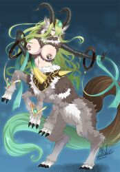 1girl breasts character_request chimera copyright_request green_eyes green_hair hair_between_eyes horns kirisaki_byakko large_breasts long_hair monsterification one_eye_covered solo very_long_hair very_long_tail