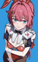 Rule 34 | 1girl, absurdres, animal ear hairband, animal ears, black bow, black bowtie, black pantyhose, blue background, blue eyes, blush, bow, bowtie, breasts, cleavage, closed mouth, clothing cutout, danjin (wuthering waves), fake animal ears, from above, hair intakes, hairband, highres, leotard, looking at viewer, mandarin collar, medium breasts, pantyhose, playboy bunny, rabbit ear hairband, rabbit ears, red hair, red leotard, ryeon (naturesan), shoulder cutout, simple background, solo, strapless, strapless leotard, tacet mark (wuthering waves), white wrist cuffs, wrist cuffs, wuthering waves