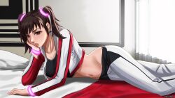 1girl absurdres ari_yugito bed brown_eyes commission cropped_jacket hand_on_bed hand_on_own_chin highres jacket ling_xiaoyu navel open_clothes open_jacket pants pillow red_jacket side_ponytail solo stomach tekken tekken_4 white_pants