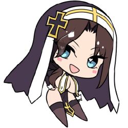 1girl :d arm_at_side bad_id bad_source black_thighhighs blue_eyes blush breast_curtains breasts brown_hair chibi chibi_only coif cross cross_hair_ornament deformed derauea elizabeth_mysterante hair_ornament hand_on_own_hip heart heart_in_eye large_breasts leaning_forward looking_at_viewer milk_factory motto!_haramase!_honoo_no_oppai_isekai_oppai_maid_gakuen! nun official_art open_mouth parted_bangs pelvic_curtain side_ponytail smile solo symbol_in_eye thighhighs transparent_background