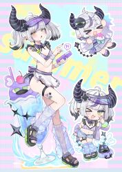 &gt;_&lt; &gt;_o 1girl absurdres ahoge alternate_costume bikini black_horns breasts chibi cleavage commentary_request earrings grey_hair highres hololive horns jewelry la+_darknesss looking_at_viewer multicolored_hair multiple_views nemuta_muu one_eye_closed open_mouth pointy_ears purple_hair shoes short_hair small_breasts streaked_hair striped_bikini striped_clothes striped_horns swimsuit toes twintails vertical-striped_bikini vertical-striped_clothes virtual_youtuber visor_cap yellow_eyes