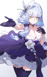 1girl absurdres bad_source bare_shoulders black_choker black_gloves black_scrunchie black_thighhighs blue_hair blue_thighhighs blunt_bangs bow breasts choker cleavage closed_mouth collarbone colored_inner_hair cowboy_shot dress earrings facial_mark flower girls&#039;_frontline gloves gradient_background green_eyes grey_hair hair_flower hair_ornament hair_ribbon hairband hand_on_own_chest highres hk416_(girls&#039;_frontline) hk416_(starry_cocoon)_(girls&#039;_frontline) jewelry large_breasts layered_dress long_hair looking_at_viewer low_ponytail multicolored_hair official_alternate_costume outstretched_arm ponytail purple_dress red_pupils ribbon scrunchie shali_shali side_ponytail simple_background single_earring smile solo standing strapless strapless_dress teardrop teardrop_facial_mark thighhighs very_long_hair white_background white_hairband