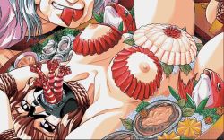 Rule 34 | 1boy, 1girl, anmitsu sou, armpits, arms up, bdsm, bondage, bound, bound arms, bound wrists, breasts, breasts apart, brown eyes, brown hair, character request, chuushaki, clothed male nude female, dithering, eating, feeding, female pubic hair, food, food in mouth, force-feeding, gag, gagged, game cg, harness gag, indoors, large breasts, lying, nipples, nude, nyotaimori, on back, open mouth, plug gag, pubic hair, ring gag, rope around neck, slave, slave, spread legs, tagme, thick thighs, thighs, wrists tied together