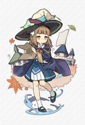 1girl blunt_bangs brown_eyes brown_hair castle closed_mouth coat full_body hat highres holding holding_map leaf long_sleeves map maple_leaf mary_janes mwm5 piamo_(world_flipper) pleated_skirt shoes skirt socks solo water_drop white_background white_socks wide_sleeves witch witch_hat world_flipper