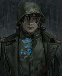 1boy absurdres bags_under_eyes black_coat black_hair blood blood_on_clothes brown_eyes coat combat_helmet dark flower flower_in_clothes forget-me-not_(flower) helmet highres looking_at_viewer male_focus military_uniform original partially_shaded_face rain short_hair silverheather soldier solo upper_body