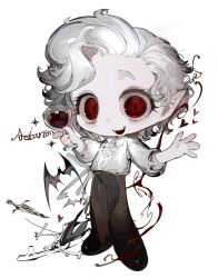 1boy alcohol animification astarion baldur&#039;s_gate baldur&#039;s_gate_3 bat_(animal) chibi cup curly_hair drinking_glass dungeons_&amp;_dragons dungeons_&amp;_dragons fangs full_body heart highres holding holding_cup pants poet_shirt red_eyes shirt short_hair slit_pupils solo vampire vihua6 white_background white_hair white_shirt wine wine_glass