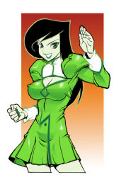 1girl agent_aika aika_(series) alternate_color alternate_costume arm_up black_hair breasts cleavage cleavage_cutout clenched_hand clothing_cutout colored_skin commentary cosplay cropped_legs crossover delmo delmogeny_uniform dress english_commentary female_focus fighting_stance golden_delmo green_dress green_eyes green_lips green_skin hand_up juliet_sleeves kim_possible_(series) lipstick long_hair long_sleeves makeup medium_breasts open_mouth puffy_sleeves shego simple_background solo standing two-tone_background upper_body v-shaped_eyebrows we-r-nomad