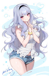 1girl black_hairband blue_shorts blush closed_mouth cowboy_shot denim denim_shorts fingernails grey_hair hairband hands_up heart highres idolmaster idolmaster_(classic) interlocked_fingers long_hair midnamana midriff_peek nail_polish own_hands_together pink_nails purple_eyes scrunchie shijou_takane shirt short_shorts shorts signature sleeveless sleeveless_shirt smile solo standing white_shirt wrist_scrunchie yellow_scrunchie