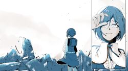 Rule 34 | 1girl, b1ue e4rth, backpack, bag, blue theme, collared shirt, facing away, frilled shirt, frills, from behind, fukurai azami, hair between eyes, highres, kisaragi ayumi, long sleeves, looking at viewer, monochrome, multiple views, open mouth, outdoors, protected link, puffy long sleeves, puffy sleeves, rubble, ruins, shirt, short hair, sky, smile, spoilers, standing, toshi densetsu kaitai center