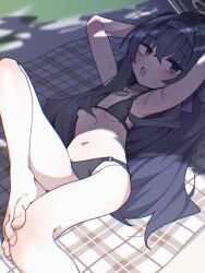 1girl absurdres barefoot bikini black_bikini black_hair blue_archive blue_eyes breasts chromatic_aberration feet hair_between_eyes hairband halo highres koyansuee long_hair navel small_breasts swimsuit ui_(blue_archive) ui_(swimsuit)_(blue_archive)