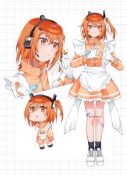 1girl a.i._voice adachi_rei alternate_costume android apron bandaid bandaid_on_leg black_socks blush chibi commentary_request flat_chest hair_between_eyes hair_ribbon head_tilt headlamp headphones headset highres jacket long_sleeves looking_at_animal looking_up microphone multiple_views orange_hair orange_jacket orange_skirt radio_antenna ribbon shoelaces shoes side_ponytail skirt smile sneakers socks standing tere_douga track_jacket triangle_mouth utau white_apron white_background white_ribbon