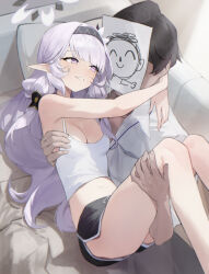 1boy 1girl alternate_costume ass bare_legs black_shorts blue_archive blush breasts camisole carrying cleavage commentary couch crop_top dolphin_shorts doodle_sensei_(blue_archive) grey_hair halo hetero highres himari_(blue_archive) hug indoors kumari2311 long_hair medium_breasts navel on_couch paper_on_head pointy_ears princess_carry sensei_(blue_archive) short_shorts shorts sitting smile stomach very_long_hair white_camisole
