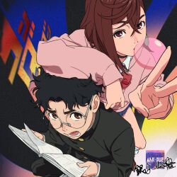 1boy 1girl abstract_background anime_coloring ankle_socks arm_on_another&#039;s_head armrest artist_name asymmetrical_bangs ayase_momo black_choker black_hair black_pants black_sleeves blowing_bubble_gum blue_sky blush book bow bowtie brown_eyes brown_hair brown_shoes buttons chewing_gum choker collared_jacket collared_shirt commentary_request copyright_name crossed_bangs dandadan double-parted_bangs dress_shoes english_text eyelashes from_above gakuran glasses gold_buttons hair_between_eyes hair_intakes holding holding_book jacket kami_high_school_uniform laces loafers long_bangs long_hair long_sleeves looking_at_another looking_at_viewer looking_up loose_bowtie lower_teeth_only micaoz microskirt nose nose_pads nostrils official_art open_book open_mouth pants parted_bangs pink_sleeve_cuffs pink_sleeves pink_sweater pleated_skirt promotional_art red_bow red_bowtie round_eyewear school_uniform science_saru second-party_source shirt shoes short_hair sideburns signature skirt sky sneakers socks standing sweater takakura_ken_(dandadan) teeth thick_eyebrows tongue tube_socks white_shirt white_shoes white_socks white_undershirt wing_collar yin_qiezi
