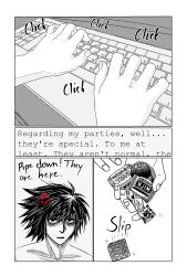 2021 bad_tag bags_under_eyes black_hair candy comic computer death_note english_text food l_(death_note) male_focus typing uncensored
