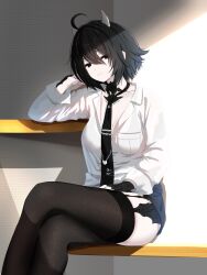 Rule 34 | 1girl, ahoge, au ra, black eyes, black hair, black nails, black necktie, black skirt, black thighhighs, breast pocket, breasts, closed mouth, collarbone, collared shirt, crossed legs, dragon girl, dragon horns, feet out of frame, garter straps, hair between eyes, hand on own thigh, highres, horns, long sleeves, looking at viewer, medium breasts, miniskirt, necktie, pocket, scales, see-through clothes, shirt, short hair, sitting, skirt, smile, solo, suzuki-shi, thighhighs, thighs, vrchat, white shirt
