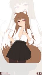 1girl absurdres animal_ear_fluff animal_ears artist_name black_pantyhose black_skirt blunt_bangs blush breasts brown_hair closed_mouth collared_shirt embarrassed eyebrows_hidden_by_hair eyes_visible_through_hair high-waist_skirt highres holding_own_tail holo likunea lipstick long_hair looking_at_viewer makeup medium_breasts no_bra open_mouth pantyhose patreon_logo patreon_username pink_lips red_eyes shirt skirt solo spice_and_wolf standing tail twitter_username twitter_x_logo very_long_hair white_background white_shirt wolf_ears wolf_girl wolf_tail
