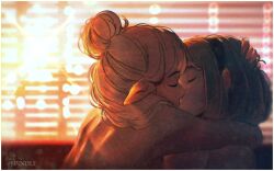 2girls absurdres arms_around_neck artist_logo artist_name backlighting black_hairband blush brown_hair close-up closed_eyes commentary completely_nude couple cuddling dusk english_commentary from_side hair_bun hairband hand_on_another&#039;s_head highres hug indoors kiss logo medium_hair multiple_girls nude original out-of-frame_censoring pointy_ears short_hair shoulder_blades single_hair_bun spindle_(aidenr0) sun sunset white_hair window window_blinds yuri