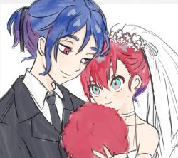 Rule 34 | 1boy, 1girl, amate yuzuriha, blue hair, bouquet, bridal veil, bride, collared shirt, colored inner hair, dress, flower, formal clothes, gloves, groom, gundam, gundam gquuuuuux, hair ornament, hetero, holding, holding bouquet, jewelry, long sleeves, mimosaamola, multicolored hair, necktie, purple hair, red eyes, red hair, shirt, short hair, shuji ito, simple background, smile, strapless, strapless dress, suit, tuxedo, two-tone hair, upper body, veil, wedding, wedding dress, white background, white dress, white gloves